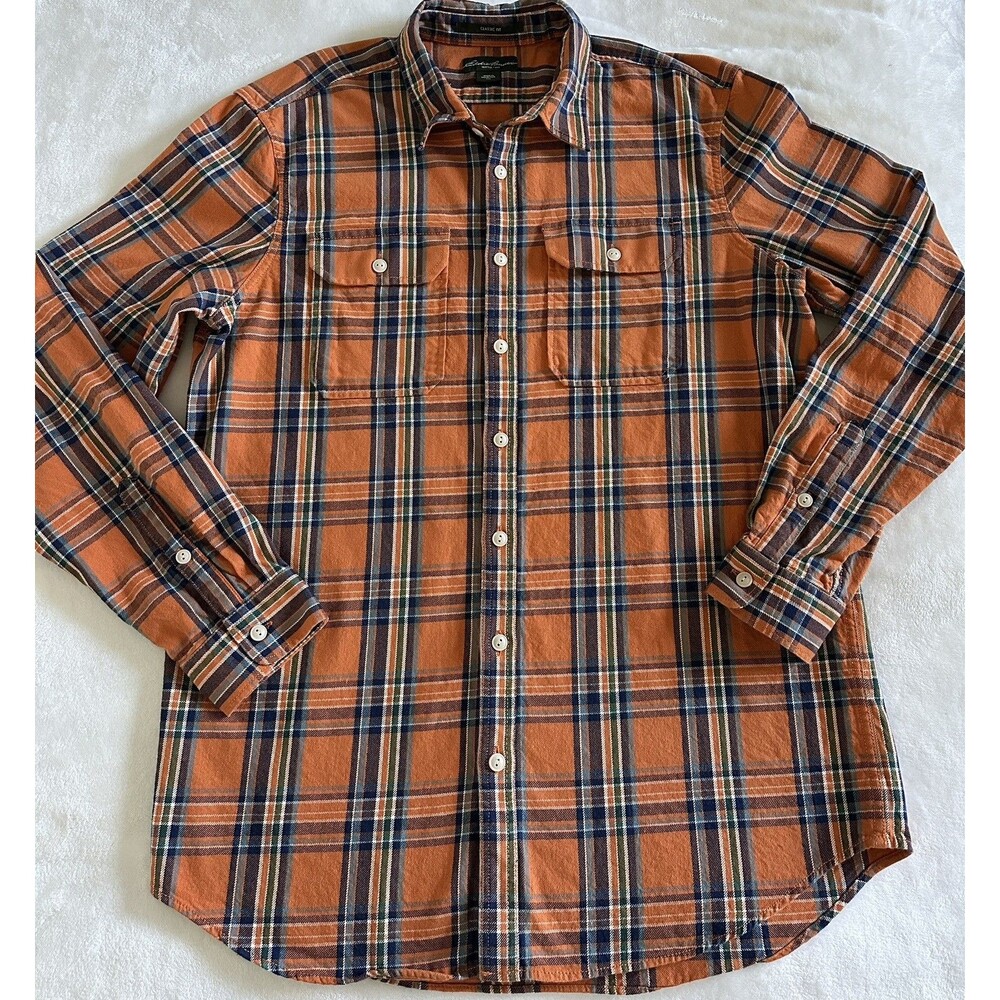 Eddie Bauer Shirt Mens TXL Orange Plaid Classic Fit Long Sleeve Flannel Cotton